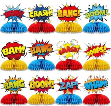 12 Pcs Hero Table Honeycomb Centerpieces, Hero Theme Happy Birthday Party Decorations for Women Men, Fun Action Standing Card Party Decor Party Supplies