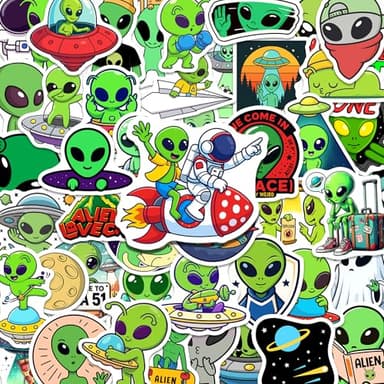 BEATRI Cartoon Alien Stickers Waterproof Vinyl 50Pcs Alien UFO Decor & Party Favors for Laptop, Water Bottle, Skateboard & Travel Gear | Non-Repeating Decals, High-Definition Print