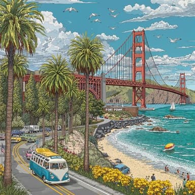 Naturelish 1000 Piece Jigsaw Puzzle for Adults, Cityscape Jigsaw Puzzle, Vibrant California Coastline with Golden Gate Bridge, Palm Trees & Tour Bus, Challenging Art Puzzle, 22.5 x 22.5 in
