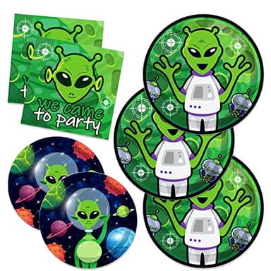 CC HOME Alien Birthday Paper Plates Napkins Little Alien Disposable Tableware Set Shower Party Supplies Tissue Alien Green Theme Cutlery Sets Serves 24 Guests for Party Plates Napkins 88PCS