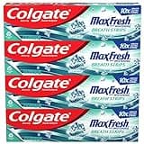 Colgate Max Fresh Whitening Toothpaste with Mini Strips, Clean Mint Toothpaste for Bad Breath, Helps Fight Cavities, Whitens Teeth, and Freshens Breath, 6.3 Ounce (Pack of 4)