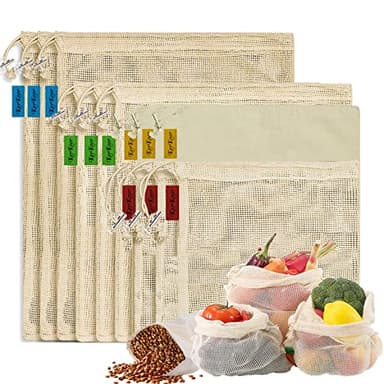 Reusable Produce Bags - Organic Cotton Mesh Bags with Drawstring for Onions, Vegetables & Fruit (12 Pack)