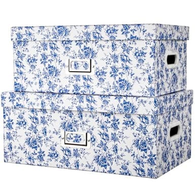 Briful Set of 2 Blue and White Porcelain-Style Storage Boxes with Lids – Elegant Floral Nesting Organizer Bins, 14'' + 13'' Set Decorative Cardboard Gift Boxes for Home or Office Use
