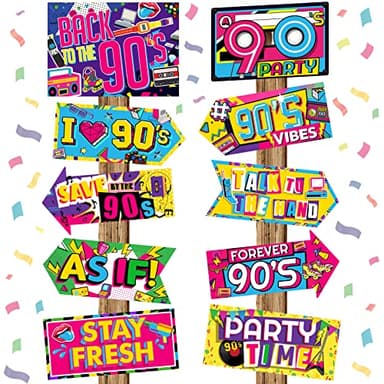 Chinco 20 Pieces 90s Party Sign 90s Posters Funny Photo Booth Props Arrow Memorabilia Colorful Party Decorations Throwback Phrase Cutouts Wall Decor for Classic Themed Supplies, 10 Styles