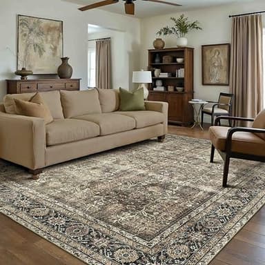 PureCozy Vintage Area Rug 6x9 Brown Washable Living Room Large Carpet Non Slip Bedroom Indoor Office Low Pile Traditional Distressed Retro Accent Rug for Dining Room Kitchen