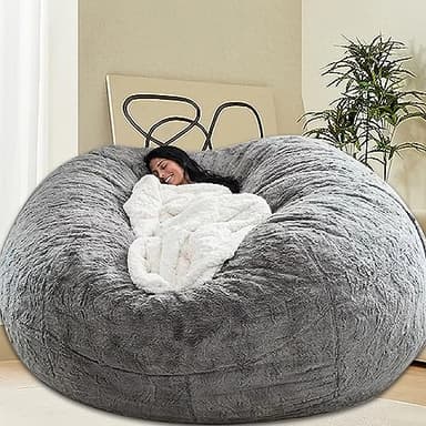 HDMLDP Bean Bag Chair for Adults Kids Without Filling Comfy Fluffy Giant Round Beanbag Lazy Sofa Cover for Reading Chair Floor Chair, 6FT, Grey