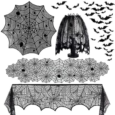 5Pack Halloween Decorations Indoor Halloween Spider Web Tablecloth Table Runners Fireplace Mantel Scarf Cobweb Lampshade Scary 3D Bats for Halloween Spooky Home Decor