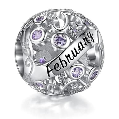 Su-Carata 925 Sterling Silver Birthstone Charms for Pandora Bracelets and Necklaces,February Birthstone Bead Charms with Cubic Zircona Gifts For Mother's Day Women