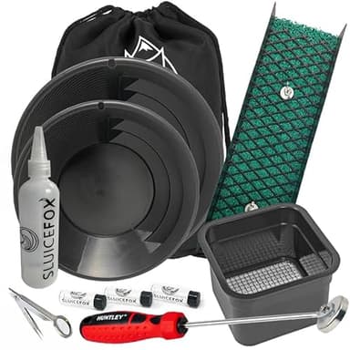 Compact Gold Prospecting Kit with 12" Pocket Sluice Box – Includes Miner’s Moss, Gold Trap Mat, Classifier Pan, Vials, and Tote Backpack Black