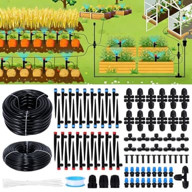 300FT Drip Irrigation System Kit, Automatic Garden Watering Misting System with 70FT1/2 inch Hose 230FT 1/4 inch Distribution Tubing and Accessories for Garden Lawn Greenhouse Plant Flower Bed