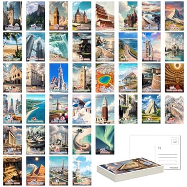 SHOXREM 40Pcs Travel Postcards From Around The World: Vintage World Travel Posters Wall Decoration - Landmark Illustrations,Retro Geography Destination Collage, 4" W x 6" H