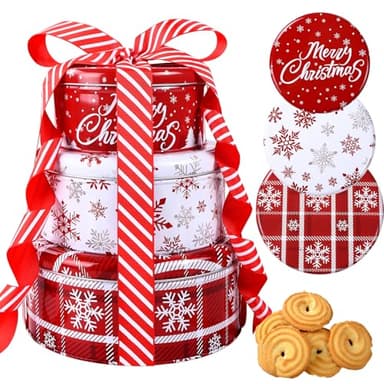 DIYDEC 3 Pack Christmas Cookie Tins with Lids Round Christmas Tin Containers with Gift Ribbon Large Medium Small Xmas Metal Nesting Containers Festive Cookie Tins for Gift Giving Holiday Treats