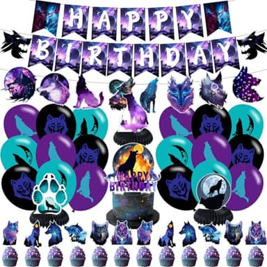 Wolf Birthday Party Decorations Galaxy Wolf Party Supplies Galaxy Wolf Happy Birthday Banner Wolf Cake Cupcake Toppers Table Centerpieces for Animal Wolf Party Supplies