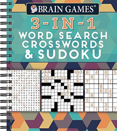Brain Games - 3-In-1 Puzzle Book: Word Search, Crosswords & Sudoku | 256 Pages, Spiral Bound | Large Variety Activity Book for Adults, Seniors, Teens
