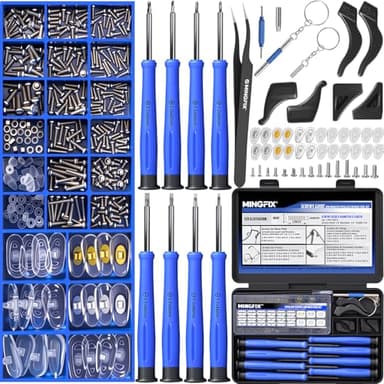 Eye Glasses Repairing Kit, MINGFIX Magnetic Eyeglass Repair Tool Set with Multiple Size Screws,8 Precision Screwdrivers,Nose Pads,Ear Grips and Tweezer with Travel Case for Glasses,Sunglasses