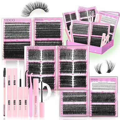 YIDUO 6 Box Mix Lashes Clusters Kit Gift Packs 1686Pcs with 2X Bond&Seal Volume Mega/Bottom Soft Extension False Eyelash D Curl Wispy Natural DIY Individual Fake Eyelashes for Beginners Bulk Pack