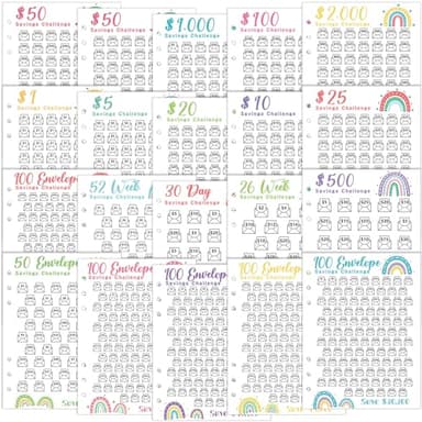 Jetec 20 Sheets Money Saving Challenge Binder Trackers with 6 Perforated Holes for 6 Ring A5 Binders 100 Envelopes Tracker Cards Money Savings Challenge Budget Planner to Save Cash(Rainbow Style)