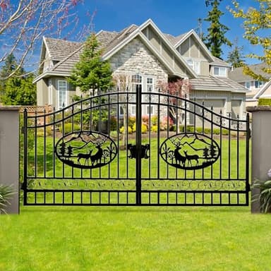 CHERY INDUSTRIAL.COM Outdoor Dual Swing Gate Driveway Security Gates Anti-Rust Outdoor Iron Gate Weatherproof Gate Kit for Outdoor for Yard Patio Manor (14‘ Deer)