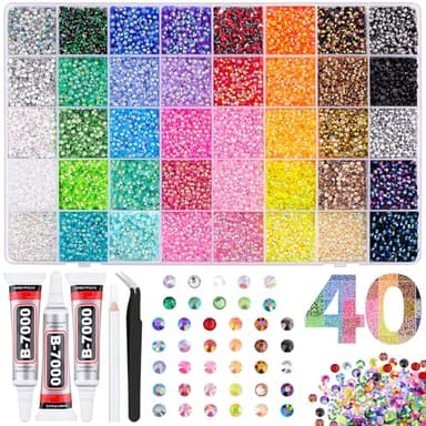 40000Pcs 40 Colors Jelly Rhinestones for Bedazzling, 3mm Multicolor Resin Flatback Gems for Diamond Art, Bedazzler Kit with 3Pcs 10ml B7000 Jewelry Glue for Crafting Book Shoes Nail Art