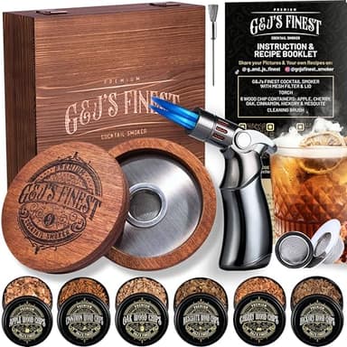 Whiskey Smoker Kit with 4-Flame Torch - 6 Wood Chips & Wooden Box for Smoking Drinks| Cocktail Smoker Kit| Bourbon Smoker Kit| Old Fashioned Smoker Kit| Smoked Whiskey Gift for Men (No Butane Incl.)