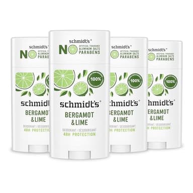 Schmidt's Aluminum-Free Vegan Deodorant Bergamot & Lime 4 Count for Women and Men, with 24 Hour Odor Protection, Natural Ingredients, Cruelty-Free, 2.65 oz