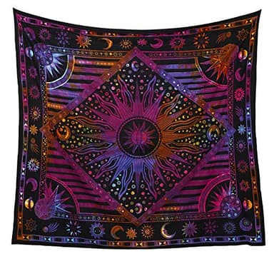 Popular Handicrafts Wall Hanging Tapestry For Bedroom Hippie Sun Moon Bohemian Hippy Psychedelic Design Indian Tapestries Bedspread 84 x 90 Inches (215cm x 230cm) Multicolor
