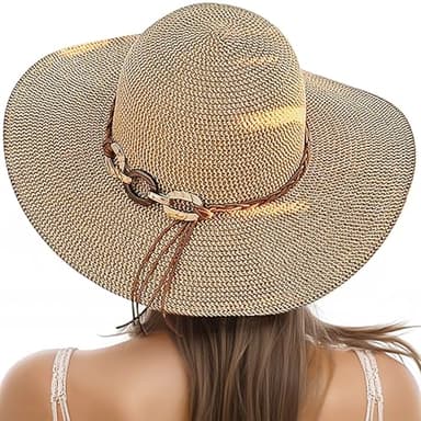 Beach Sun Straw Hats for Women, UPF 50+ UV Sun Protection Wide Brim Summer Straw Hat Foldable Packable Roll up Cap