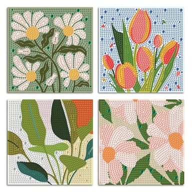 ICYANART 4 Pack Flowers Diamond Art Painting Kits for Kids, Flowers Diamond Art Kits for Kids Ages 4-8-12, Small Diamond Art Kits Gift and Home Wall Decor 6x6inch