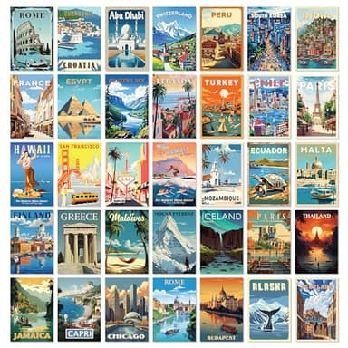 97 Decor Vintage Travel Decor - Travel Posters Wall Art Prints, Vintage Postcards from Around The World, City Landscape Aesthetic Pictures Retro Popular Cities Photo Collage Kit for Teen Bedroom (4x6)
