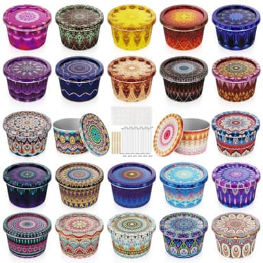 Happyhube Empty Candle Tins for Making Candles, 24 Pack 2.5 oz Metal Containers, Travel-Friendly Rust-Proof Tins with Lids, 24 Patterns Jars(Colourful)