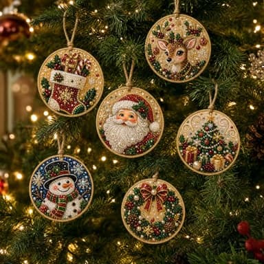 6/12Pcs Wooden Christmas Ornaments DIY Pearl Art Kits for Adults, Hanging Diamond Art Christmas Ornaments Set with Pearls, Special-Shaped Gems & Jute Twine, Christmas Decor Craft (J#, 6PCS,Wooden)