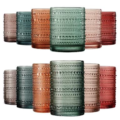 Khen Hobnail Beaded Highball Drinking Tumbler Glasses | Set of 12 | Color, Vintage Bubble Design Whiskey Glassware, Old-Fashioned, Embossed Design for Water, Wine, Cocktail Embossed, Rocks Glass