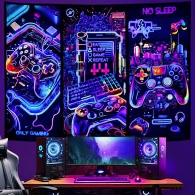 Galoker Blacklight Gaming Tapestry Cool Neon Game Controller Tapestry UV Reactive Gamer Player Wall Tapestries Funny Art Gaming Poster Tapestries Wall Hanging for Home Decor