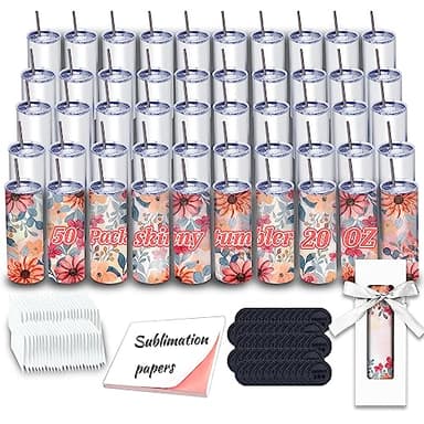 50 Pack Sublimation Tumblers 20 oz Skinny bulk,Stainless Steel Double Wall Insulated Straight Sublimation Tumbler Cups Blank White with Lid,Individually Box,Polymer Coating for Heat Transfer