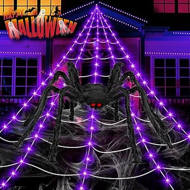 Halloween Decorations Outdoor, 200 LED Halloween Giant Spider Web Lights, 16.4Ft Lighted Spider Web Light up for Yard Haunted House Decor