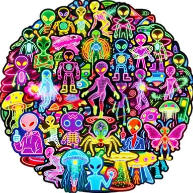 Alien Stickers 56 Pcs Cool Neon Space Sticker Pack, Reward & Prizes for Kids Classroom, Waterproof Vinyl Stickers for Water Bottles, Scrapbook, Journal, Skateboard, Cup, Laptop, Notesbook, Luggage etc