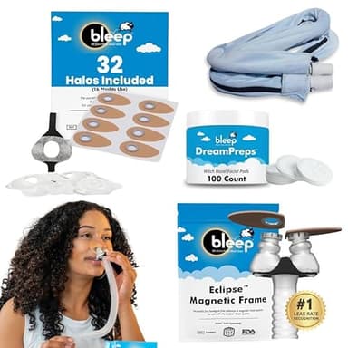 All-in-One CPAP Starter Pack by Bleep - Best CPAP Accessories Kit with Eclipse Mask, Halos, DreamPreps, Hose & Tube - Sleep Apnea Nose Mask for BiPAP Users - Therapy Kit and Supplies for Travel