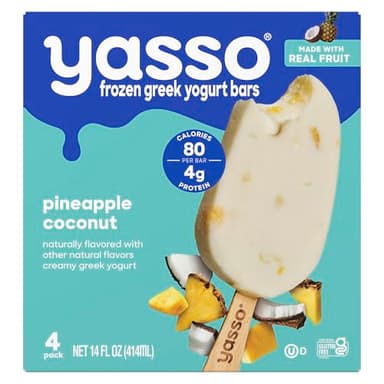 Yasso Yasso Frozen Greek Yogurt Bars for a ridiculously creamy frozen snack Creamy Pineapple Coconut Ridiculously creamy, made with the goodness of greek yogurt 3.5 fl oz 4