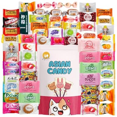 Asian candy mystery gift box, 60 count variety pack of Japanese and Korean treats, sweet sampler of chewy, fruity, and chocolate snacks, fun surprise box for kids, teens, and candy lovers