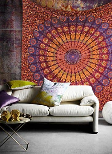 Popular Handicrafts Tapestry Wall Hanging Hippie Mandala Bohemian Hippy Psychedelic Intricate Floral Design Indian Tapestries Bedspread 84 x 90 Inches (215cm x 230cm) Maroon Yellow