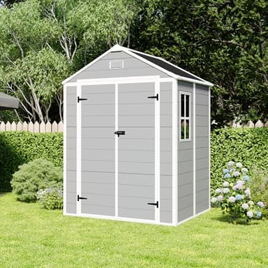 YOPTO 6x5 FT Resin Storage Shed,Garden House with Floor & Lockable Door,Waterproof Plastic Tool Sheds W/Slanting Roof Visual Window & Air Vents for Bicycles,Lawnmowers,Lawn,All Weather Use,Gray