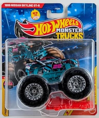 Hot Wheels Monster Trucks, 1999 Nissan Skyline GT-R, Freestyle Wreckers 6/11 [Includes Crushed Car] New for 2026! 1:64 Scale Diecast Toy Vehicle