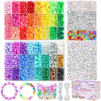 Gionlion 4200Pcs Pony Beads for Bracelet Making Kit, 48 Colors Kandi Beads Bracelet Kit, 2500PCS Rainbow Candy, 1700PCS Friendship Letter Bead with 20 Meter Elastic Strings