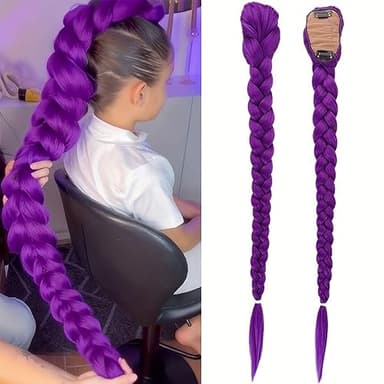 Kpop Anime Character Purple Long Hair Fishbone Braid Clip Ponytail Synthetic Wig High Temperature Fiber, Curly Wave, for Halloween and Christmas Costume (purple)