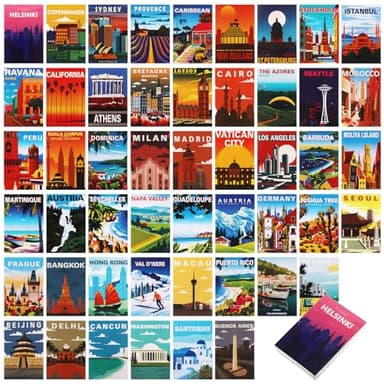 Resflyar 50 Vintage Travel Decor, Vintage Postcards from Around The World, City Landscape Aesthetic Pictures Retro Popular Cities Photo Collage Kit for Teen Bedroom Dorm Decorations 4x6Inch