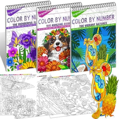 Color by Numbers Adult Coloring Books, 3Pcs Color by Number Coloring Books for Adult Relaxation, Anxiety Relief Mindfulness Gifts, Brain Activity Game for Adults (Flowers & Natures & Animals)