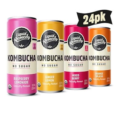 Liquid Remedy Kombucha Sugar Free Organic Drink, Low Calorie, Probiotic Like Tea for Gut Health - Fan Favorites Variety Pack - 8.5 Fl Oz Can, 24-Pack
