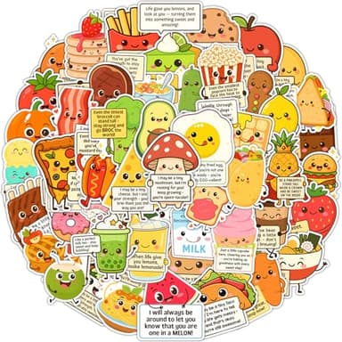 50 Pcs Emotional Support Food Stickers – Funny Foods Sayings, Affirmation Sticker Pack for Adults Kids, Positive Quotes Vinyl, Cute Inspirational Buddies for Water Bottles, Laptops, Phones