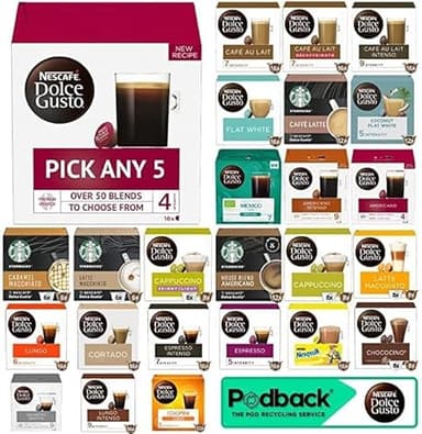 Nescafe Dolce Gusto Coffee, Tea, Chocolate Pods. Pick Any 5 Packs from 40+ Blends Inc: Decaf, Caramel, Cappuccino, Latte, Mocha, Espresso, Skinny, Nesquik, Cafe Au Lait, Vanilla