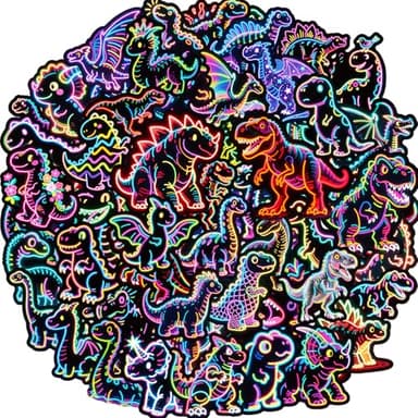 Water Bottle Stickers 56 Pcs Cute Neon Dinosaur Sticker Pack, Classroom Rewards Prizes for Kids, Waterproof Vinyl Stickers for Water Bottles Scrapbook Journal Notesbook Bento Boxes Skateboard Cup etc